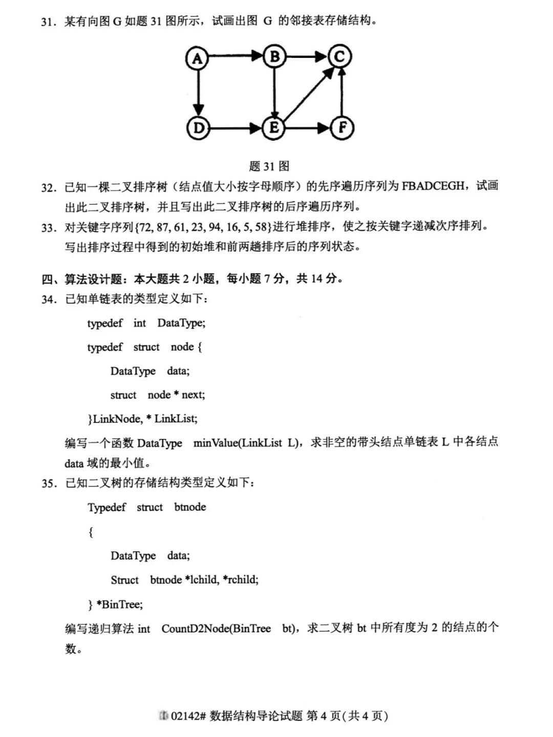 2024年重庆数据结构导论自考真题
